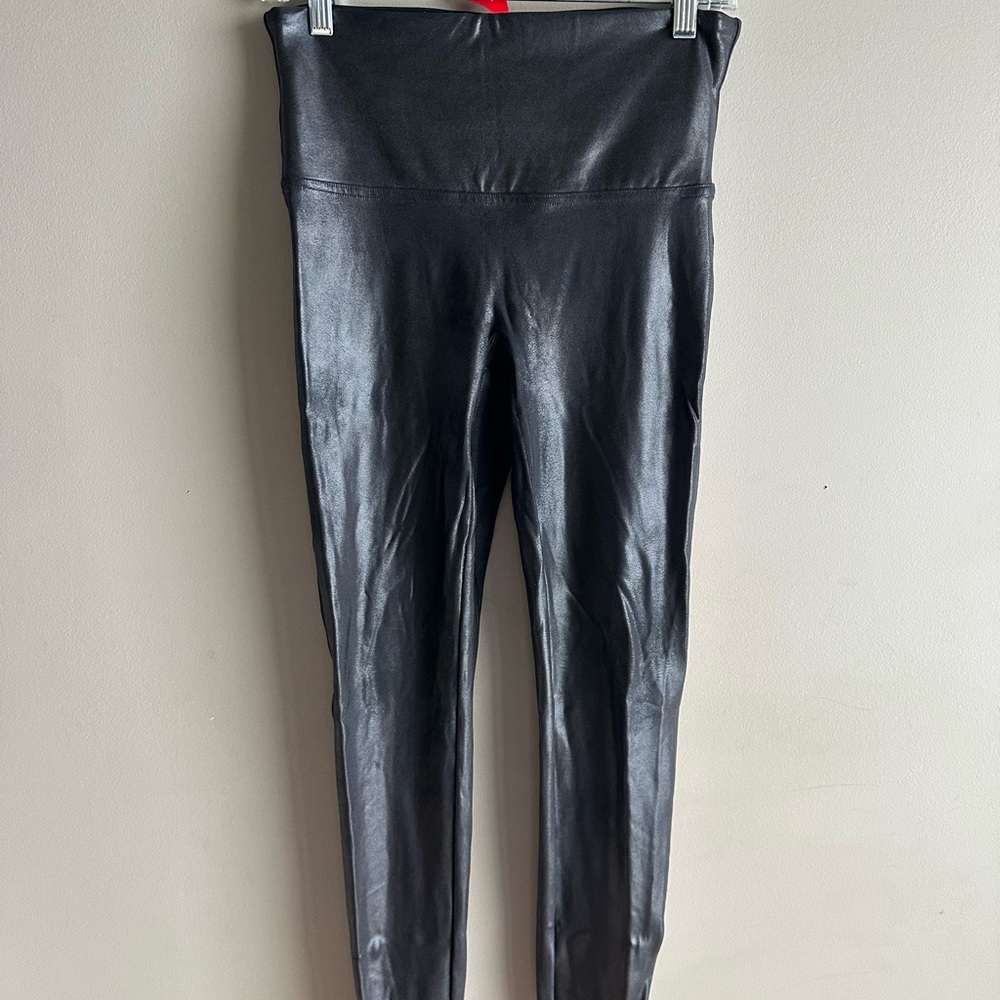 SPANX Black Faux Leather-Look Leggings with Red Brand Tag